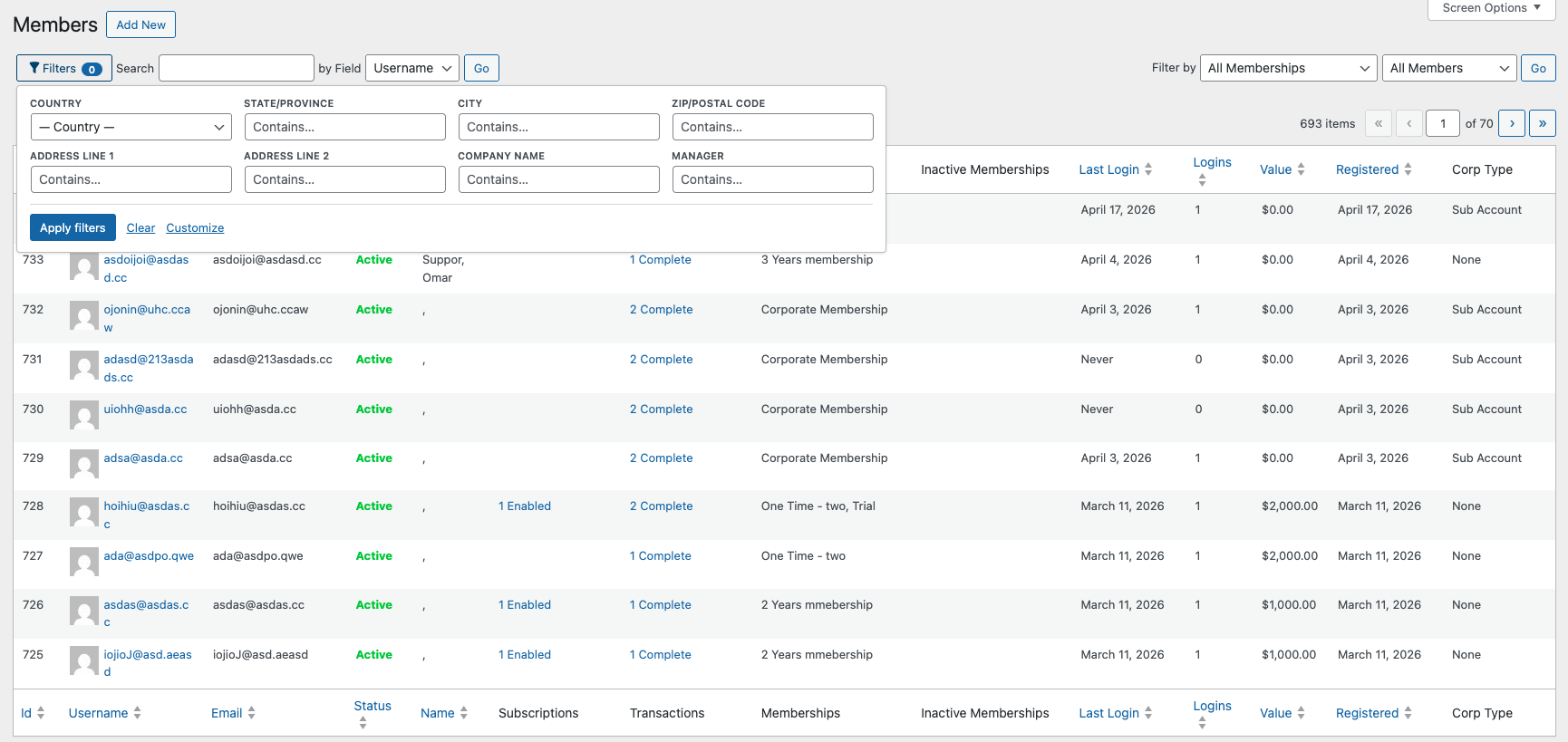Same Filters panel on the MemberPress Subscriptions admin list