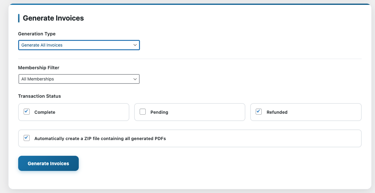 PDF Invoice Generator dashboard in the MemberPress admin, showing generation mode selection, date range filters, transaction status checkboxes, and the Generate Invoices button