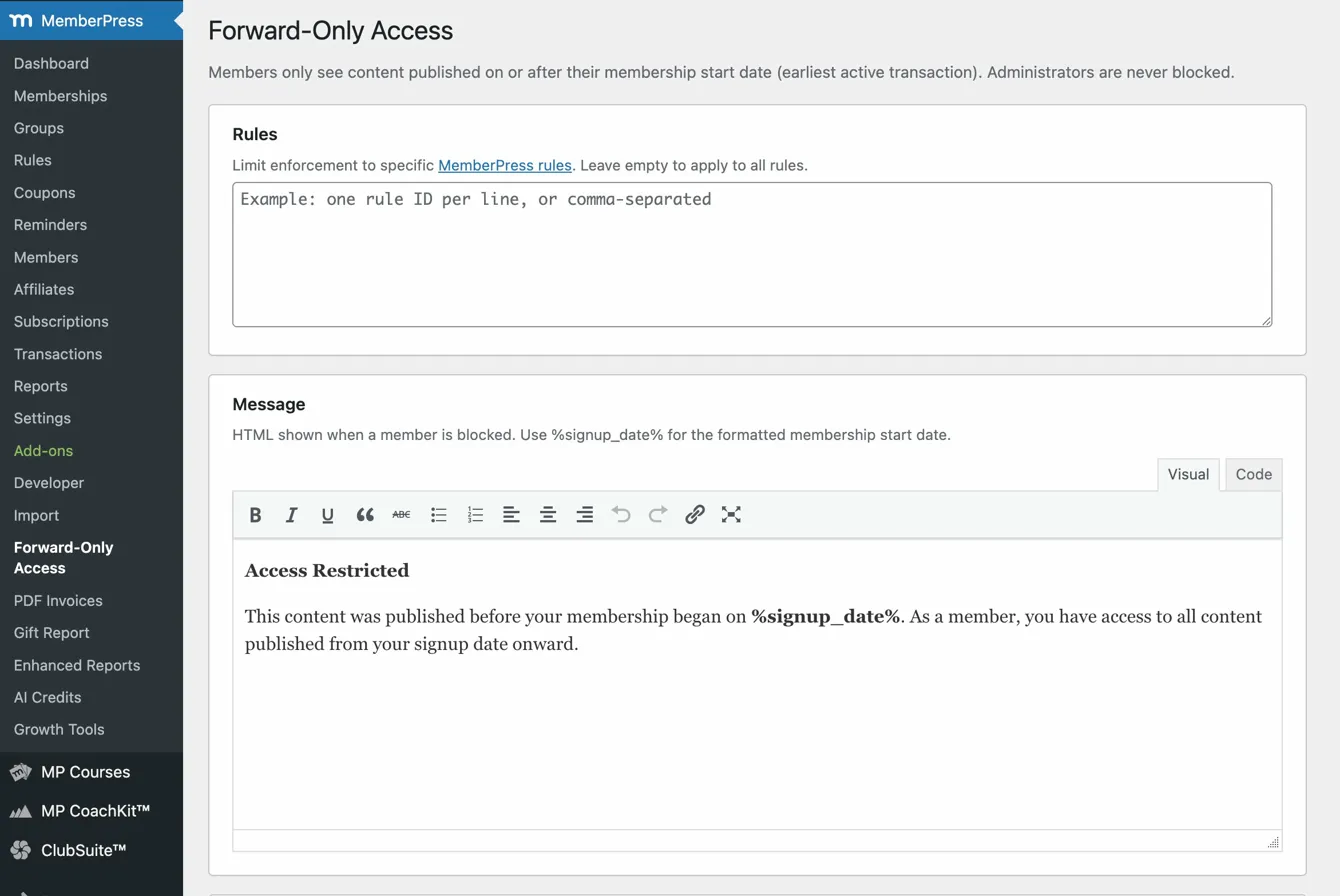 Forward-Only Access settings: Rules Scope and Blocked Message