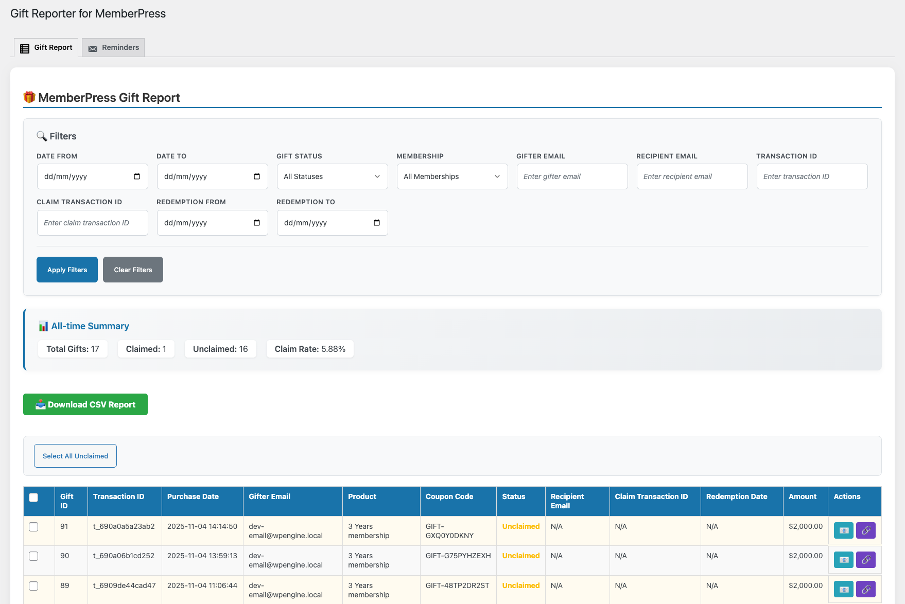 The Gift Report dashboard showing filters, summary stats, and the gift transactions table
