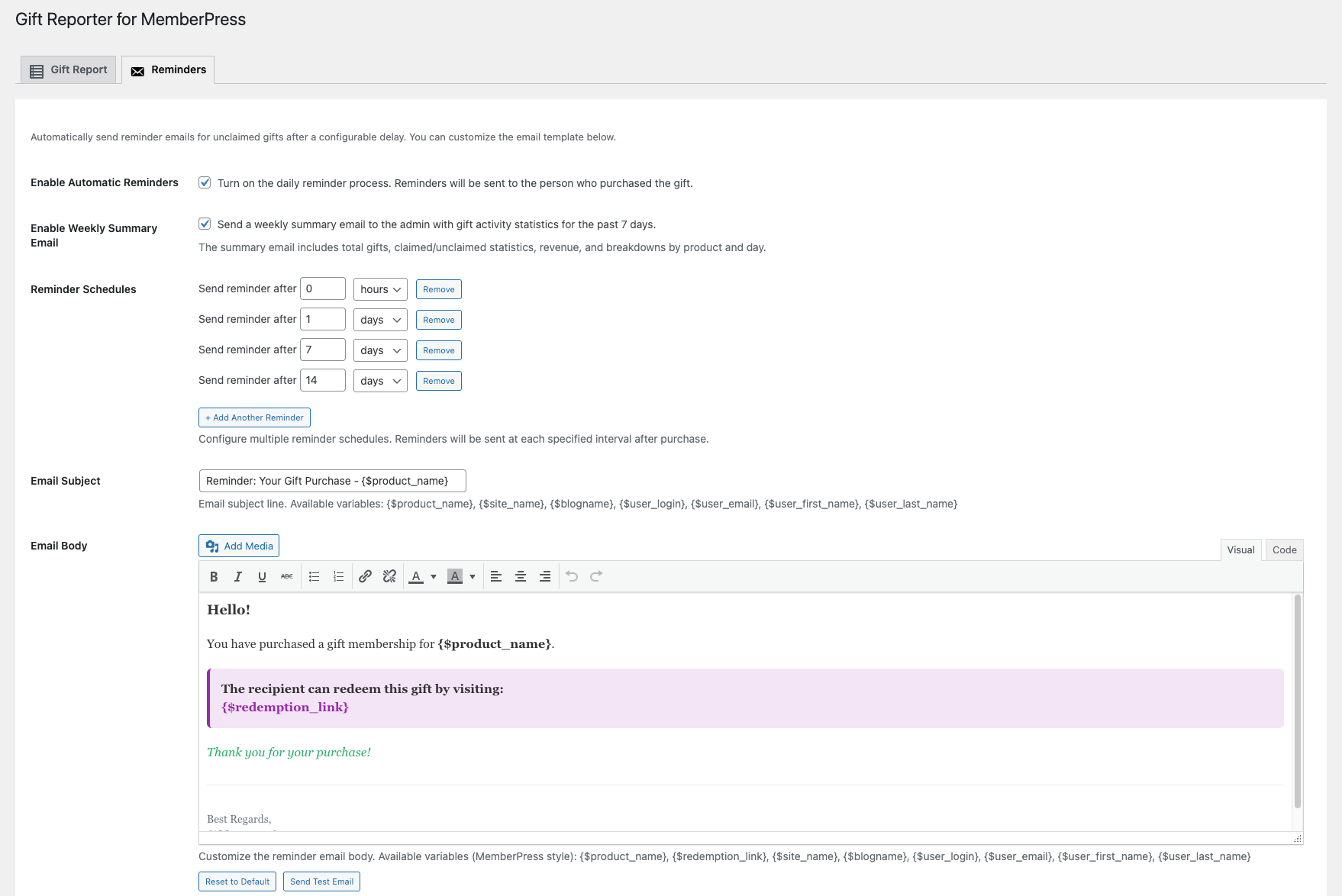 The Reminders tab with automated schedule settings and customizable email template