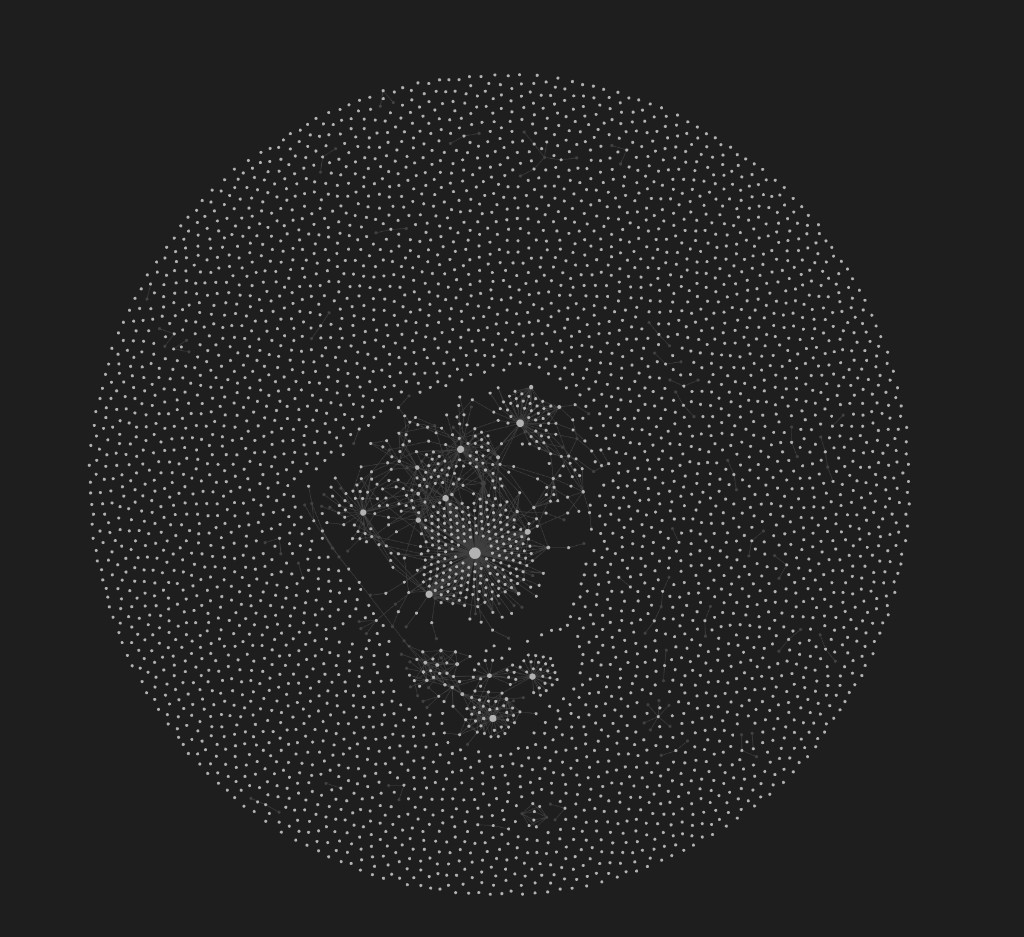 Graph view of my Obsidian vault: a dense web of linked notes with a few bright hubs in the center and a ring of sparsely connected nodes around the edge