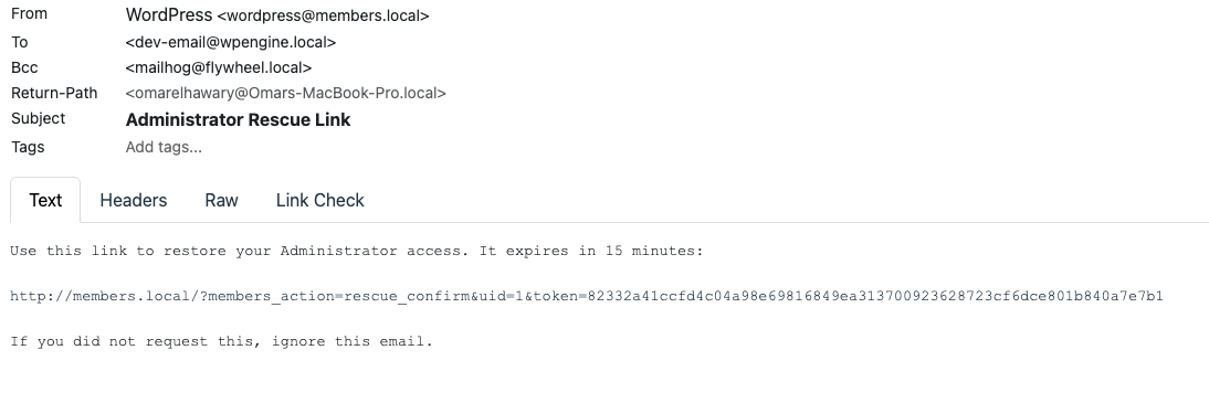 Administrator rescue email with the magic link