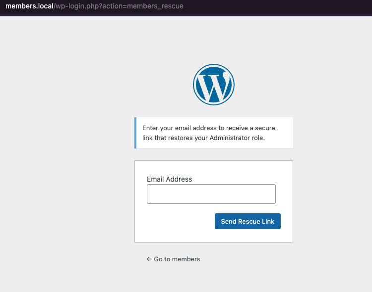 Administrator Rescue Link page at wp-login.php?action=members_rescue