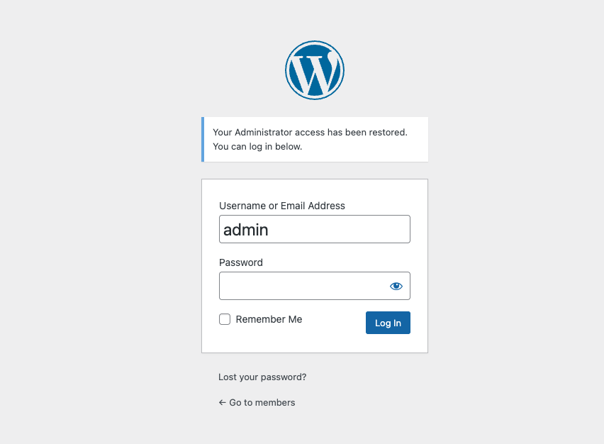 Success screen confirming Administrator access has been restored