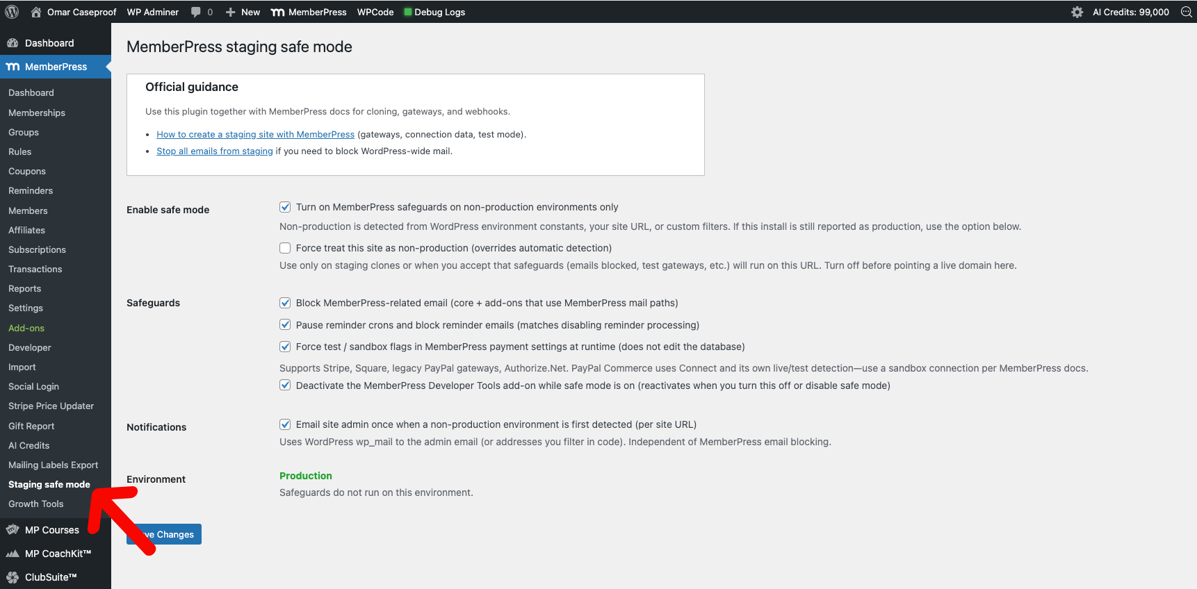 Staging safe mode settings page showing all five safeguard checkboxes and the environment status banner